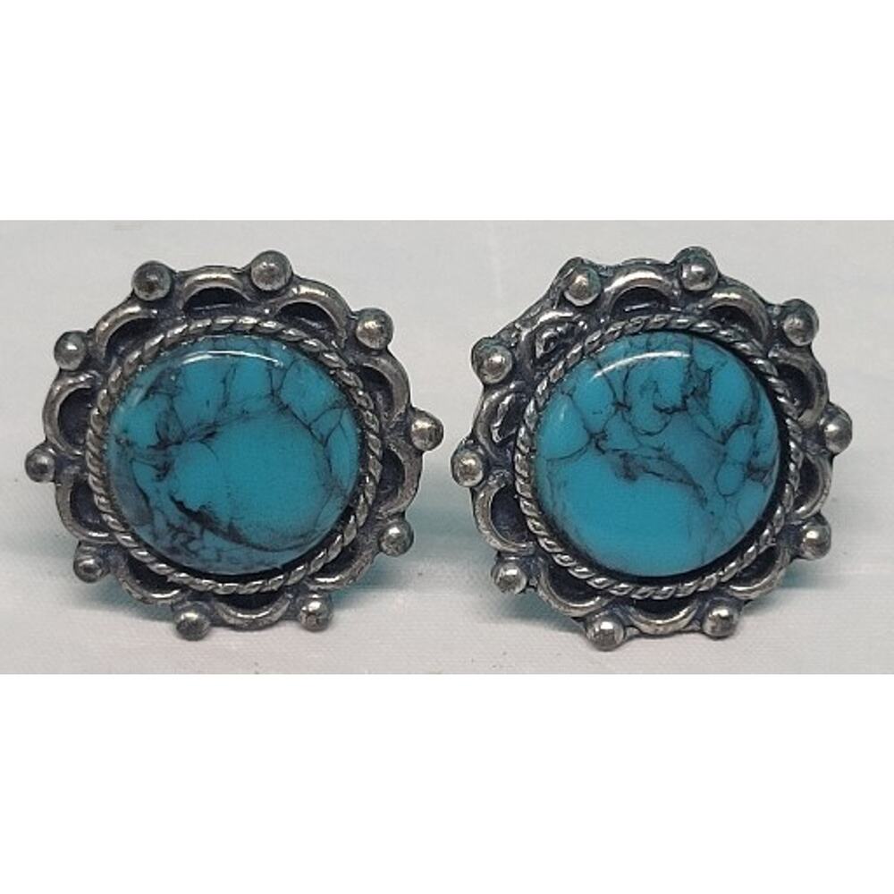 Sancrest Faux Turquoise Earrings Silver Tone Clip On Vintage Quarter size